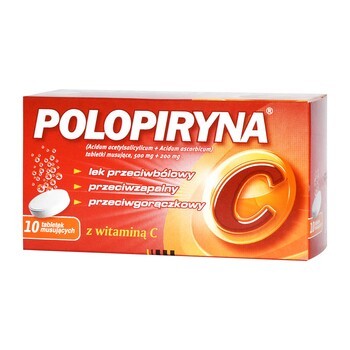 Packaging for Polopiryna with Vitamin C, displayed in a gradient of red to orange colors. The box prominently features the name 'POLOPIRYNA' in bold white letters at the top and a large, shiny gold letter 'C' to highlight the vitamin C content. Text on the box describes it as a pain reliever, anti-inflammatory, and fever reducer, and specifies the active ingredients: acetylsalicylic acid (500 mg) and ascorbic acid (200 mg). The package also has icons suggesting effervescence and fast relief.