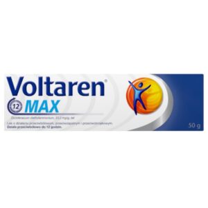 Box of Voltaren Max gel, 50g, containing diclofenac diethylammonium (23.2 mg/g), used for its anti-inflammatory and pain-relieving properties, providing relief for up to 12 hours.