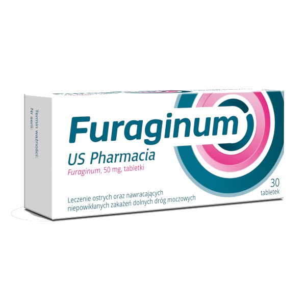 The image shows a package of Furaginum 50 mg tablets from US Pharmacia. The box is white with a stylized circular logo in pink and teal on the front, and includes Polish text that translates to "Treatment of acute and recurrent uncomplicated lower urinary tract infections." The image shows a package of Furaginum 50 mg tablets from US Pharmacia. The box is white with a stylized circular logo in pink and teal on the front, and includes Polish text that translates to "Treatment of acute and recurrent uncomplicated lower urinary tract infections."