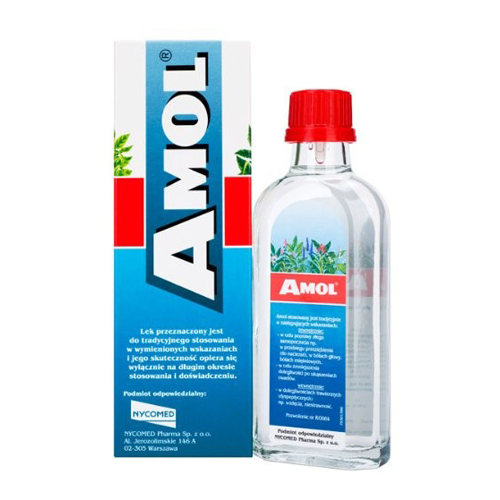 Bottle of Amol multi-purpose herbal tonic with its packaging, used for treating common ailments like muscle pain and indigestion.