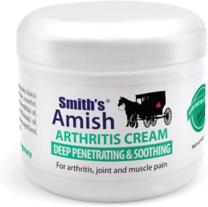 Jar of Smith's Amish Arthritis Cream with horse and buggy logo, deep penetrating and soothing for arthritis, joint, and muscle pain
