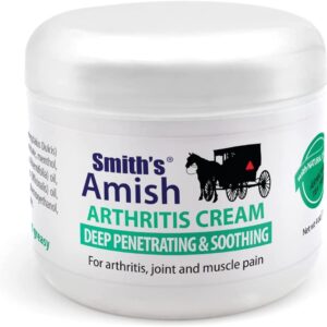 Jar of Smith's Amish Arthritis Cream with horse and buggy logo, deep penetrating and soothing for arthritis, joint, and muscle pain