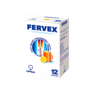 Box of Fervex, a cold and flu remedy, with 12 sachets, displaying a cup of hot beverage and a thermometer with a lemon slice, highlighting its effectiveness in treating cold and flu symptoms.