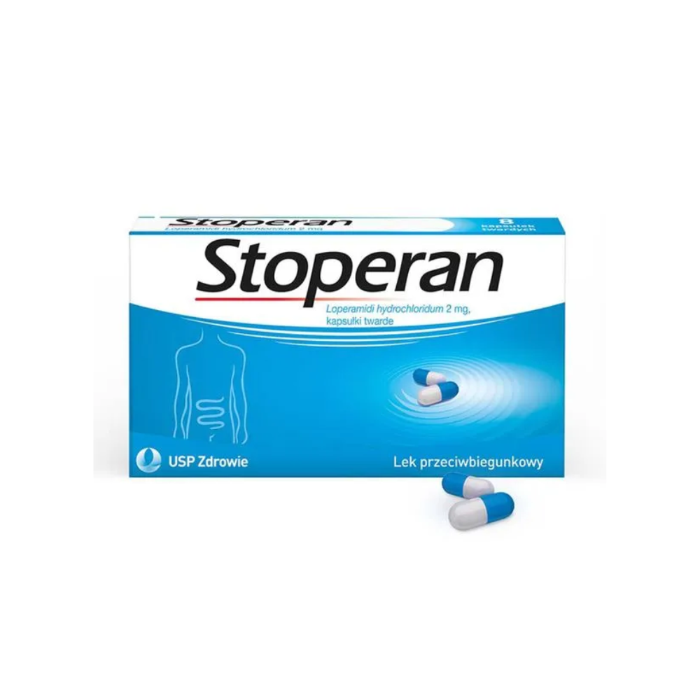 Box of Stoperan Loperamide Hydrochloride 2 mg hard capsules, designed to control and relieve symptoms of acute and chronic diarrhea. The packaging shows two capsules, emphasizing the product's effectiveness in treating intestinal conditions.