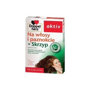 The image shows a box of Doppelherz aktiv dietary supplement. The product is designed for hair and nail health and includes ingredients such as horsetail (Skrzyp) extract. The packaging highlights that it contains concentrated doses of revitalizing ingredients for hair and nails. The box also indicates that it includes 30 capsules and suggests a dosage of one capsule per day for 30 days. The design features the Doppelherz logo, the product name, and an image of a woman with long, healthy hair.
