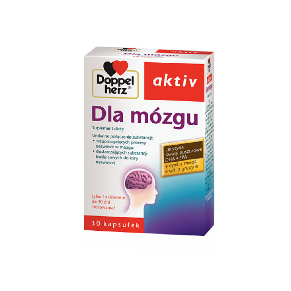 Product packaging for Doppelherz Aktiv Dla mózgu, a dietary supplement designed to support brain function. The box, prominently featuring the Doppelherz logo, is white with purple and red accents. It includes an illustration of a human head with a highlighted brain area, emphasizing the supplement's target benefits. The text on the box lists key ingredients like lecithin, fatty acids (DHA + EPA), zinc, copper, and B vitamins, and claims to support neural processes and supply building substances to the nerve cortex. The box mentions '30 capsules' with a usage instruction of 'only 1 capsule daily for 30 days'.