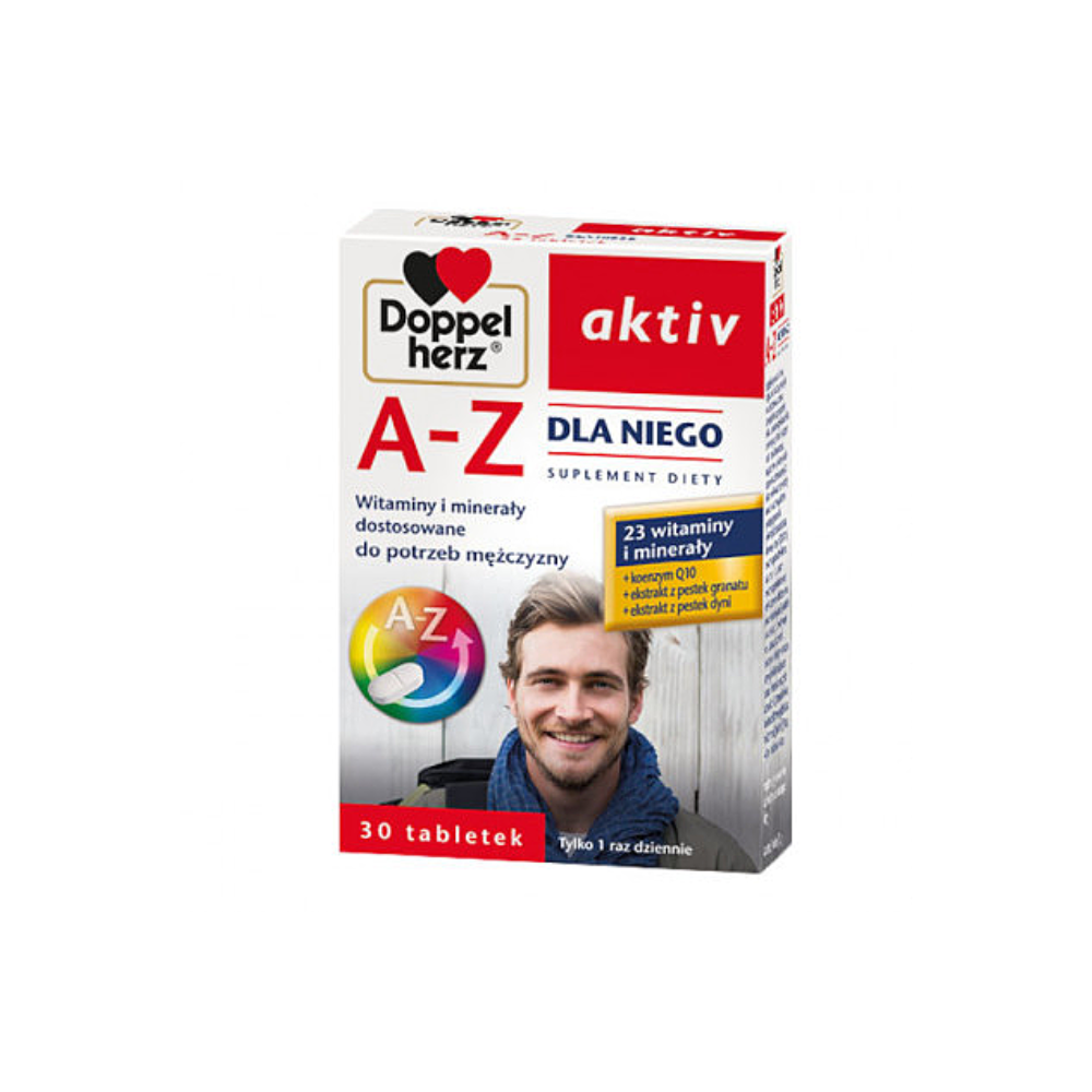 Packaging of Doppelherz Aktiv A-Z Dla Niego, a dietary supplement tailored for men. The box is white with red and blue accents, featuring the Doppelherz logo at the top. The front panel includes a photo of a smiling young man with a beard, symbolizing the target demographic. The text highlights that the product contains 23 vitamins and minerals, including Coenzyme Q10 and extracts from pomegranate and pumpkin seeds. It specifies '30 tablets' and recommends one tablet daily.