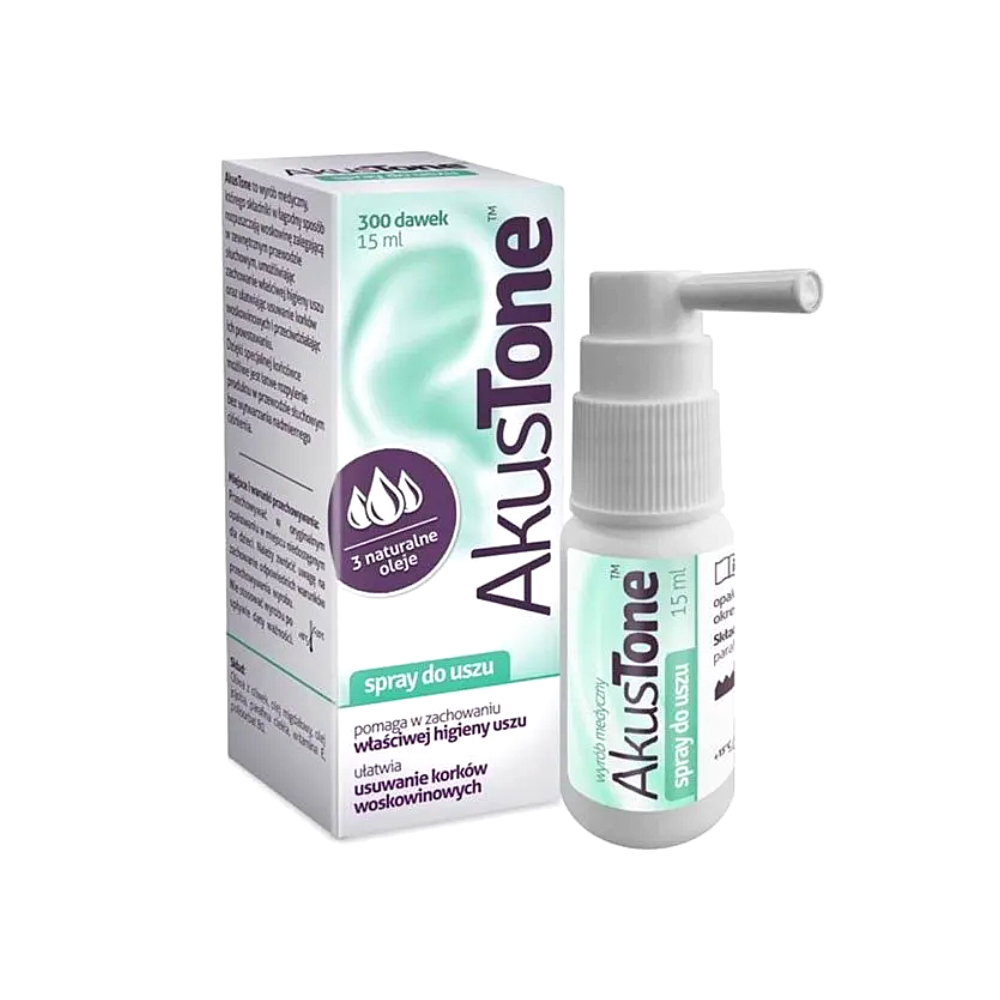 AkusTone ear spray with 15 ml bottle providing 300 doses, featuring 3 natural oils for ear hygiene and earwax removal, in white and teal packaging.