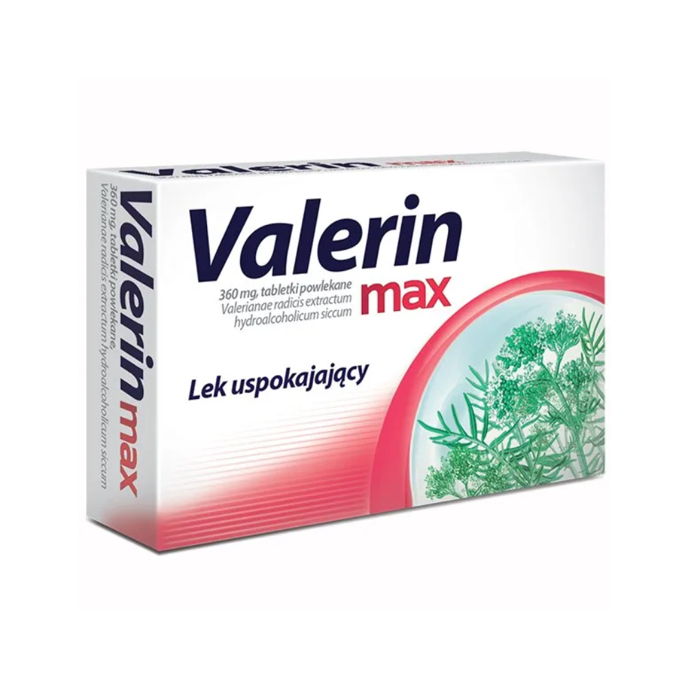 Box of Valerin Max tablets, a calming medication featuring 360 mg of valerian root extract per tablet. The packaging is white with a gradient of pink to blue, including an illustration of green valerian plants. Text on the box is in Polish, describing the product as a sedative and specifying the active ingredient, Valerianae radix extractum hydroalcoholicum siccum.