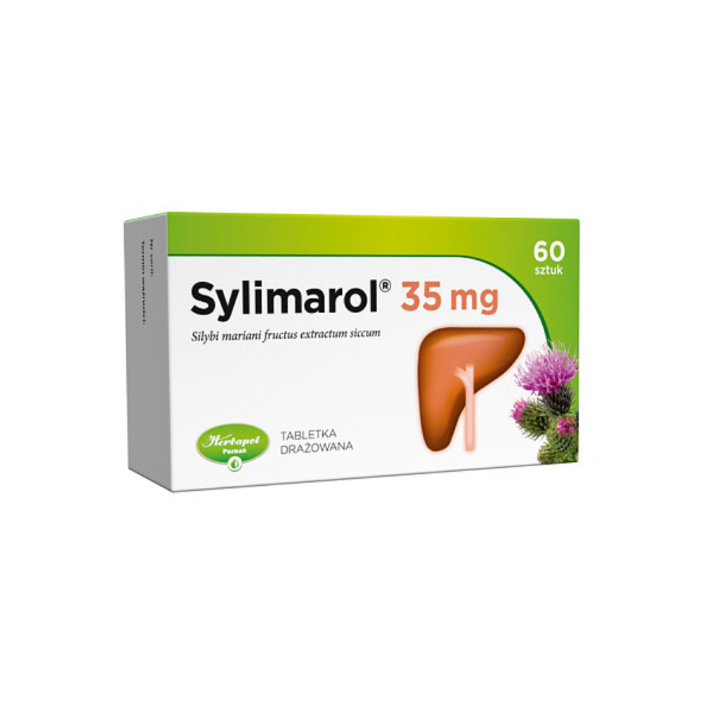 Box of Sylimarol 35 mg liver support supplement by Herbapol Poznań, containing 60 sugar-coated dragees with milk thistle extract for liver health and recovery, displayed with a milk thistle plant and liver illustration.