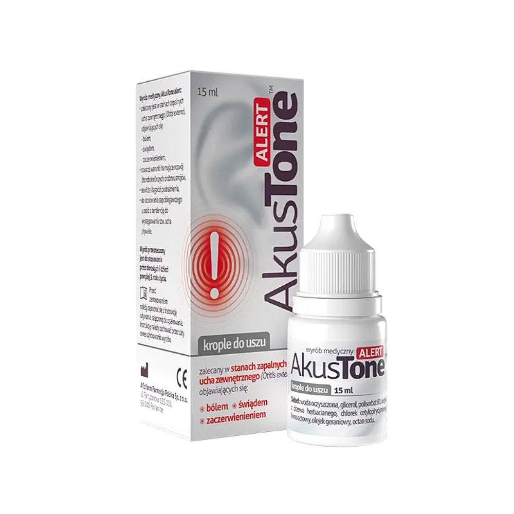 AkusTone ALERT ear drops in a 15 ml white bottle for middle ear inflammation, featuring pain, itching, and redness relief, packaged in a white box with red alert signage.