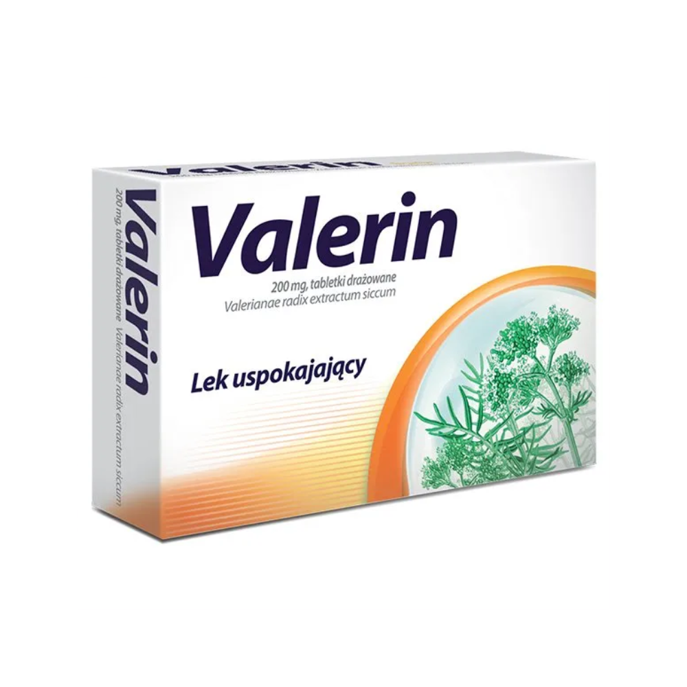 Image of a box of 'Valerin' tablets, containing 200 mg of valerian root extract per tablet. The box is primarily white with a blue and orange design featuring an illustration of a green valerian plant. The product is described as a calming medication, indicated on the box with the text 'Lek uspokajający'.