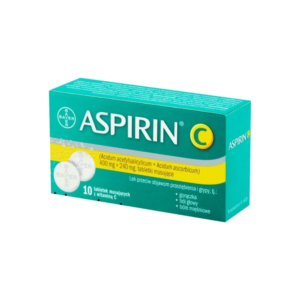 The image shows a green and yellow box of Aspirin C, a medication produced by Bayer. The product is designed for the relief of cold and flu symptoms, specifically targeting fever, headache, and muscle pain. Each box contains 10 effervescent tablets, which are to be dissolved in water before consumption. The active ingredients are acetylsalicylic acid (400 mg) and ascorbic acid (vitamin C, 240 mg). The box displays the Bayer logo and highlights that the tablets are effervescent with added vitamin C for additional health benefits.