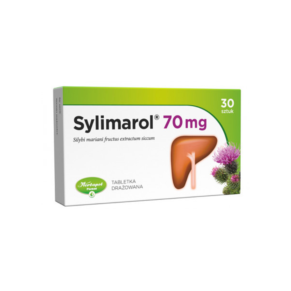 Box of Sylimarol 70 mg, 30 sugar-coated tablets by Herbapol, for supporting liver health, with a graphic of a liver and milk thistle plant, which is the source of the active ingredient silymarin used for liver convalescence and aiding digestion.