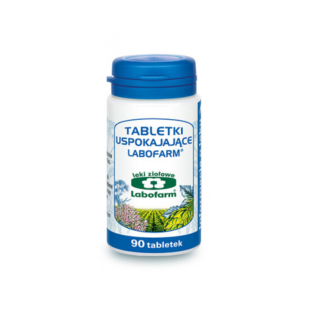 Image of a plastic bottle labeled 'TABLETKI USPOKAJAJACE LABOFARM' containing 90 calming herbal tablets. The bottle is white with a blue lid and features a green logo and illustrations of various herbs on the label.