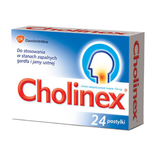 A box of Cholinex lozenges by GlaxoSmithKline. The packaging features a bold blue and white design with a prominent graphic of a light bulb shaped like a human head, symbolizing brain activity. Text on the box includes the product name 'Cholinex', the dosage '150 mg', and a count of '24 pastylki', which indicates there are 24 lozenges inside. Additional Polish text suggests it is used for inflammation of the throat and oral cavity.