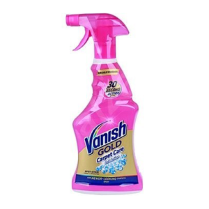 The image shows a bright pink spray bottle of Vanish Gold Carpet Care. The label at the top reads "OUR GOLD STANDARD" and features a "30 SECOND ACTION" badge, emphasizing its quick action. The Vanish logo is prominently displayed in blue, white, and pink, with "GOLD" written below it in gold text, followed by "Carpet Care" and "Oxi Action." The bottom of the label includes a graphic of blue bubbles, highlighting its deep-cleaning capability. The product is described as "Spot & Stain Cleaner" and promises "FOR NEWER-LOOKING CARPETS." The overall design conveys effectiveness and high-quality carpet cleaning.