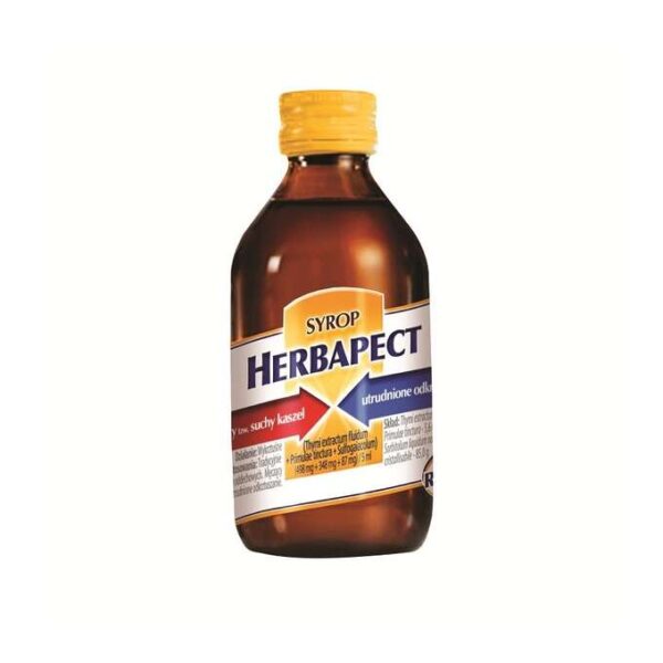A bottle of Herbapect syrup, featuring a label indicating it is designed for dry and difficult-to-expectorate coughs. The bottle has a yellow cap and a white label with blue and red accents, highlighting key ingredients such as thyme extract and other herbal components. The product is formulated to ease coughing and support respiratory health.