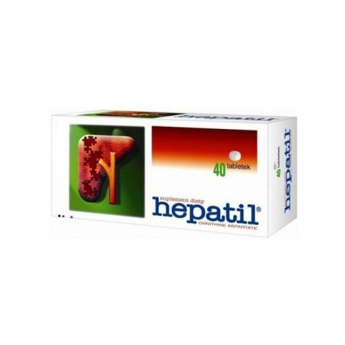 Packaging of Hepatil dietary supplement, 40 tablets, designed to support liver health, prominently displaying a liver graphic and the product's name.
