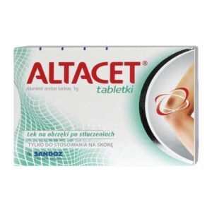 Box of Altacet tablets, containing aluminum acetate tartrate (1g), used for reducing swelling and inflammation caused by bruises. For external use only.