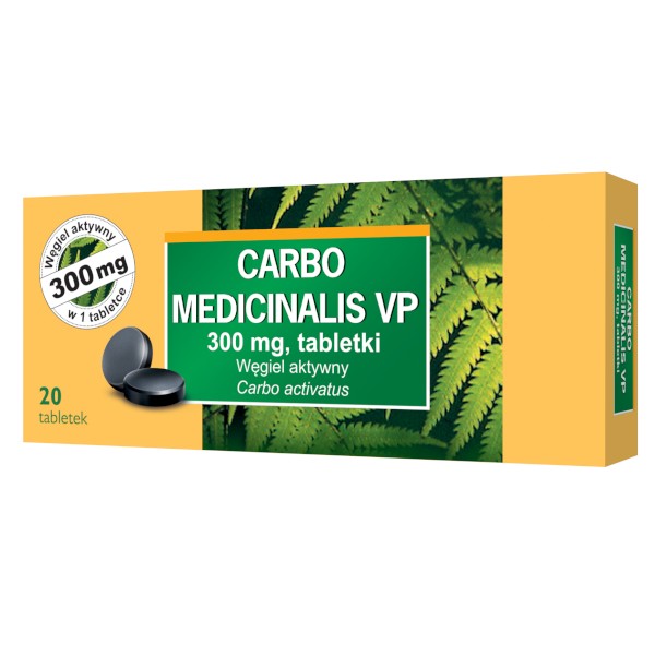 Packaging design for Carbo Medicinalis VP 300 mg tablets, featuring a prominent display of three black, active charcoal tablets. The background includes a vibrant green leaf pattern, emphasizing the natural aspect of the product. Text on the package includes the product name and dosage in both Polish and Latin (Wegiel aktywny, Carbo activatus), highlighting its pharmaceutical use.