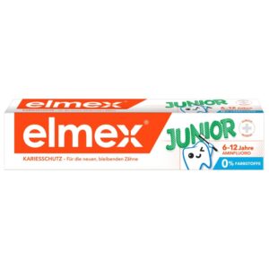 Elmex Junior Toothpaste 75ml tube, designed for children 6-12 years, provides protection against tooth decay with amine fluoride. The toothpaste promotes enamel re-mineralization and forms a protective barrier against cavities.