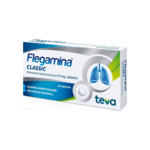 The image shows a box of "Flegamina Classic" tablets, containing 8 mg of bromhexine hydrochloride per tablet. The box is primarily blue and white, with green accents, and features an illustration of human lungs. It indicates that the product helps with expectoration and cleanses the bronchi. The package contains 40 tablets and is manufactured by Teva. The text on the box is in Polish.