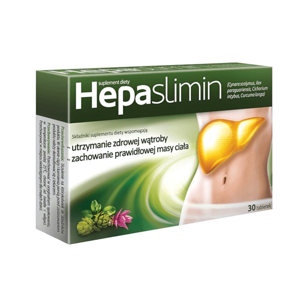 Box of Hepaslimin dietary supplement with biotin, 30 tablets packaging, emphasizing liver health and proper body weight maintenance, displayed with key ingredients like Cynara scolymus, Ilex paraguariensis, Cichorium intybus, and Curcuma longa.