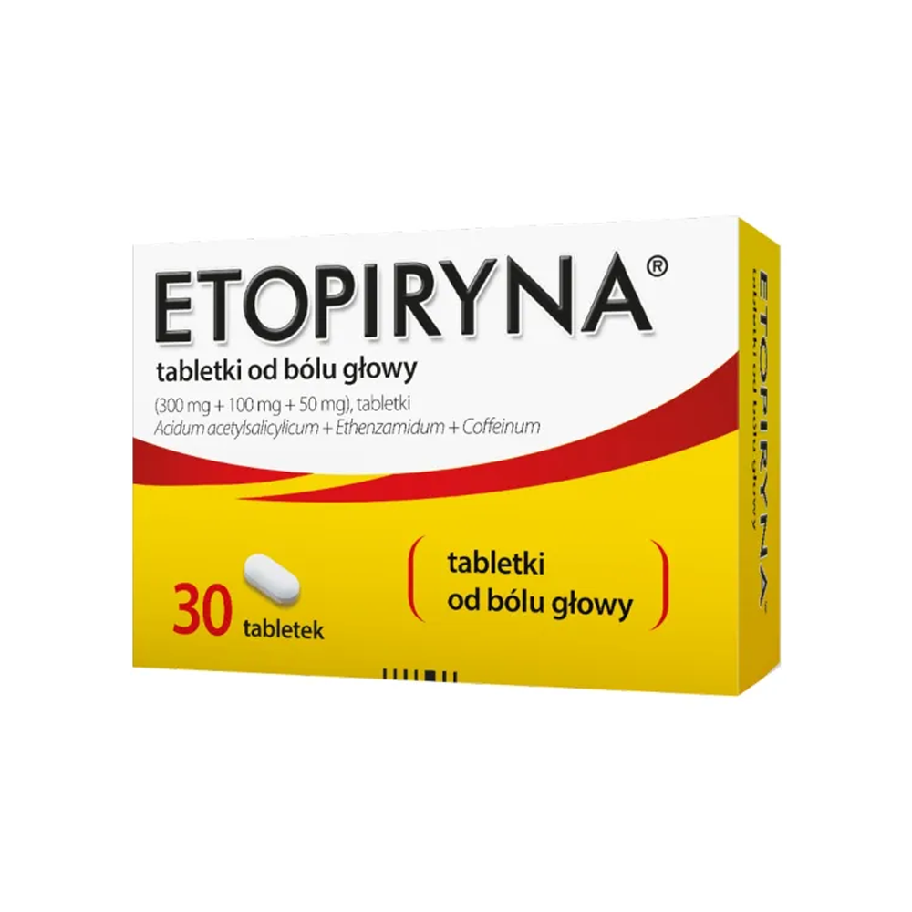 Box of Etopyrina tablets for headache relief, containing 30 tablets. The packaging is predominantly yellow with red and white accents, featuring the product name 'ETOPIRYNA' in bold black letters. The box highlights the active ingredients: Acetylsalicylic acid, Ethenzamide, and Caffeine, and indicates the dosages of 300 mg, 100 mg, and 50 mg respectively.