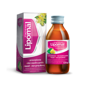 Bottle and box of Lipomal Syrup, 125g. The packaging indicates it contains 97mg/5ml of Tiliae inflorescentiae extractum siccum and is used for cold, throat inflammation, cough, and fever.