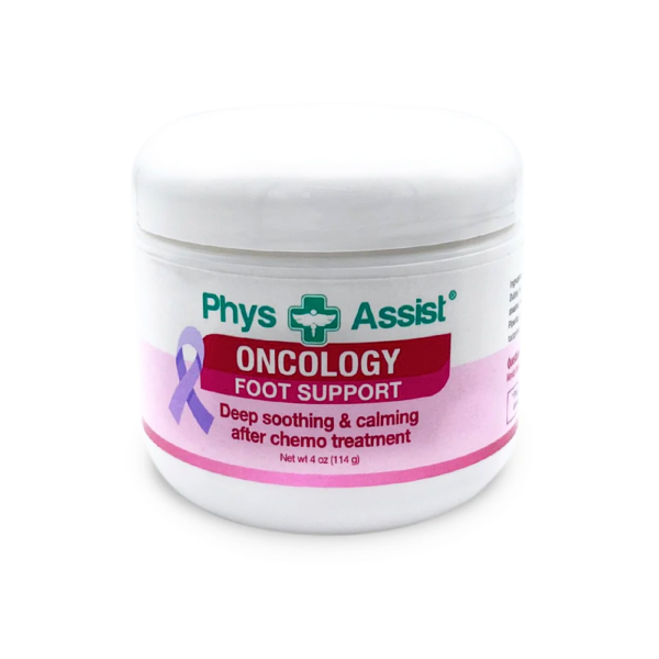 Jar of Phys Assist Oncology Foot Support cream with lavender ribbon, for deep soothing and calming of feet after chemotherapy treatment, 4 oz.