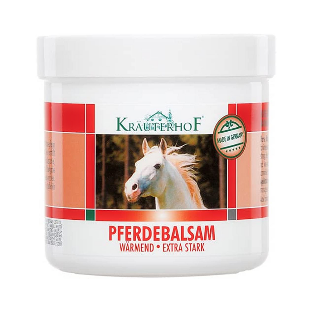Container of Kräuterhof Pferdebalsam in a white jar, a warming extra strong horse balm made in Germany for muscle and joint relief