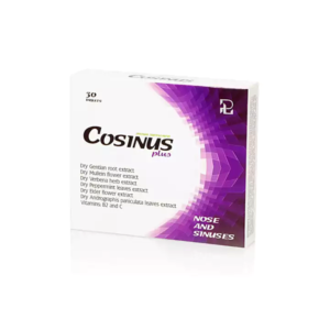 The image shows a box of Cosinus Plus, a dietary supplement designed to support nose and sinus health. The packaging is primarily white with a purple geometric pattern on the right side. The top left corner indicates that the box contains 30 tablets. The main text reads "Cosinus Plus" in bold letters, with "dietary supplement" and "plus" in smaller font below. The ingredients are listed as dry extracts of gentian root, mullein flower, verbena herb, peppermint leaves, elderflower, and andrographis paniculata leaves, along with vitamins B2 and C. The bottom right corner of the box indicates that the product is for "nose and sinuses."