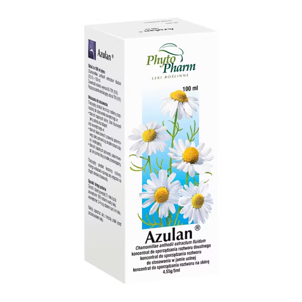 Box of Azulan herbal medicinal product by Phytopharm, 100 ml bottle, intended for digestive comfort and oral health.