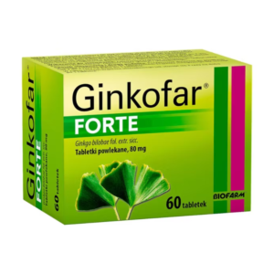 Image of a box of 'Ginkofar Forte' dietary supplement tablets, containing 80 mg of Ginkgo biloba leaf extract per coated tablet. The box is vibrant green with a large illustration of a Ginkgo biloba leaf on the front. It states the box contains 60 tablets and highlights the product's benefits for enhancing cognitive function and circulation