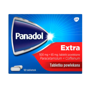 Image of Panadol Extra packaging, featuring a blue and red design with the brand name 'Panadol' prominently displayed. The package indicates that it contains 12 coated tablets, each with 500 mg of paracetamol and 65 mg of caffeine.