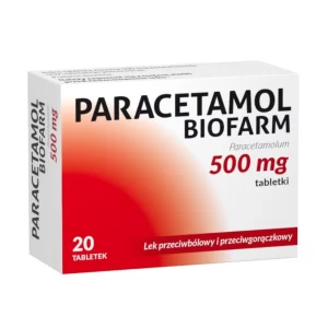 Box of Paracetamol Biofarm 500 mg tablets, containing 20 tablets, used as a pain reliever and fever reducer.
