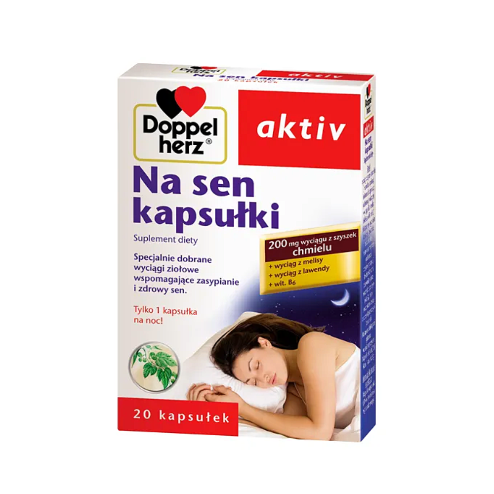 Product packaging for Doppelherz Aktiv Na sen kapsułki, a dietary supplement. The box features the Doppelherz logo and is predominantly white and blue. The front of the box includes an image of a woman sleeping peacefully. Text on the box highlights the supplement's herbal ingredients such as hops, lemon balm, lavender extracts, and vitamin B6, and states it is specially formulated to support healthy sleep. Below, the box mentions the content as '20 capsules' with a depiction of herbal leaves.