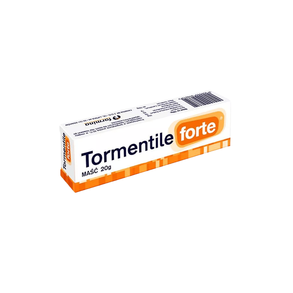 "Box of Tormentile Forte ointment, a 20g tube primarily orange and white in color. The packaging highlights the product name in bold with the word 'forte' in an orange bubble, suggesting an enhanced formulation of the traditional Tormentile ointment.