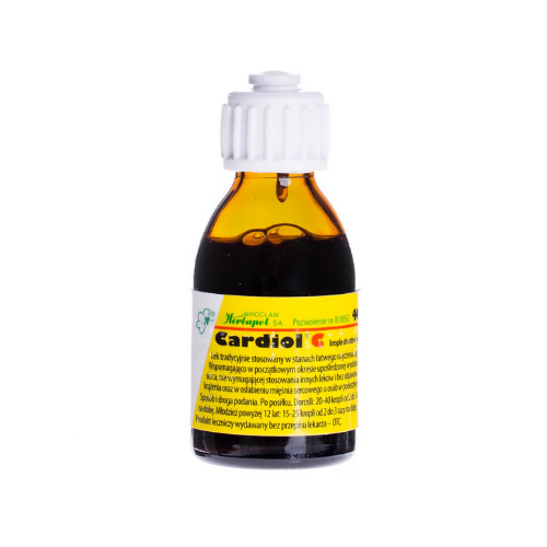 Glass bottle of Cardiol C oral drops, traditional herbal medicine for light cardiovascular conditions, with yellow label and dosage instructions in Polish, secured with a white child-proof cap.