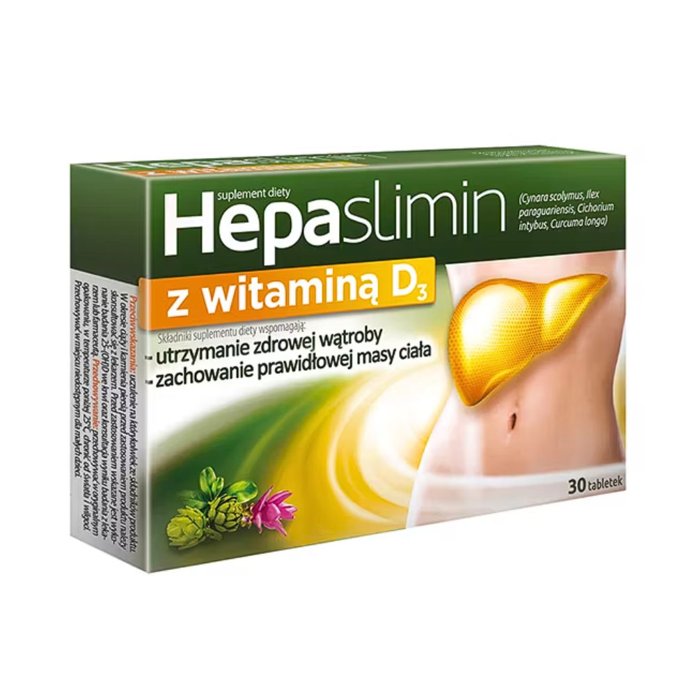 Box of Hepaslimin dietary supplement with vitamin D3, 30 tablets packaging, showcasing benefits for liver health and weight management, featuring natural ingredients like artichoke, chicory root, and turmeric extracts, with a graphic representation of a healthy liver.
