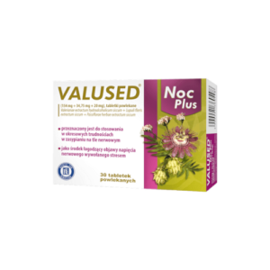 Image of a 'Valused Noc Plus' box containing 30 coated tablets. The packaging is pink and green, with sections detailing the ingredients including 154 mg of valerian root extract and 20 mg of hop cone extract. The box is labeled for use during periods of difficulty sleeping due to nervous tension and as a means to alleviate symptoms of stress. The front features illustrations of valerian flowers and hop cones.