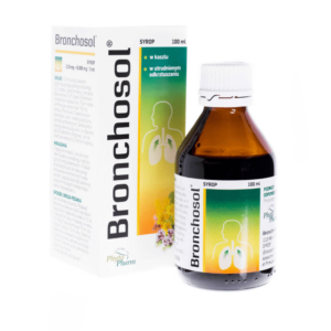 A bottle of Bronchosol syrup, 100ml, displayed next to its packaging. The packaging and bottle label indicate that the product is used for treating cough and aiding in difficult expectoration. The box features a green and yellow gradient design with a silhouette of a person’s respiratory system and the branding "Phyto Pharm."