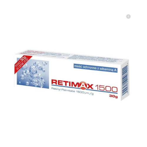 Packaging for Retimax 1500, a protective ointment with vitamin A. The box is white and blue, featuring an image of bubbles on the left and the product name in bold red and blue letters. It indicates the active ingredient, Retinyl Palmitate 1500 i.u./g, and the net weight of 30g. A red promotional sticker shows a price of 22.99 PLN, reduced from 30.99 PLN.