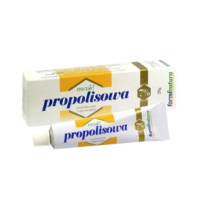 Image showing a box and tube of Maść propolisowa, which is a propolis ointment with 7% concentration. The packaging is primarily white with yellow and green accents, emphasizing the natural ingredient, propolis. The text on the box highlights its antibacterial and regenerative properties, and it's marketed by Farminatura. Both the box and the tube clearly display the 7% concentration and the net weight of 20 grams.