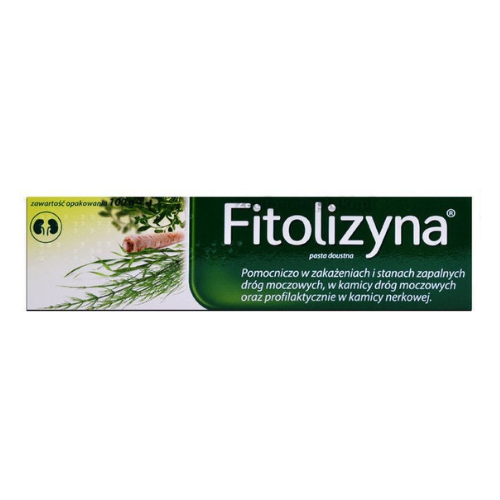 Green and white box of Fitolizyna, a traditional plant-based 100g oral paste for urinary tract infections and kidney stones, containing natural herb extracts.