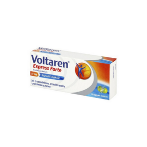 Box of Voltaren Express Forte, a medication containing 25 mg of diclofenac potassium per capsule. The package is predominantly white with blue and orange accents, featuring an image of a capsule on the right side and a graphic depicting pain relief on the left. Contains 10 soft capsules, labeled as an anti-inflammatory, antipyretic, and pain reliever.