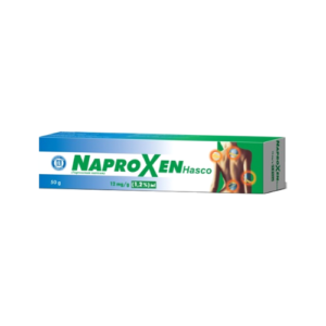 Box of Naproxen Hasco gel, 50g, with a concentration of 12 mg/g (1.2%), used for topical relief of pain and inflammation associated with musculoskeletal conditions.