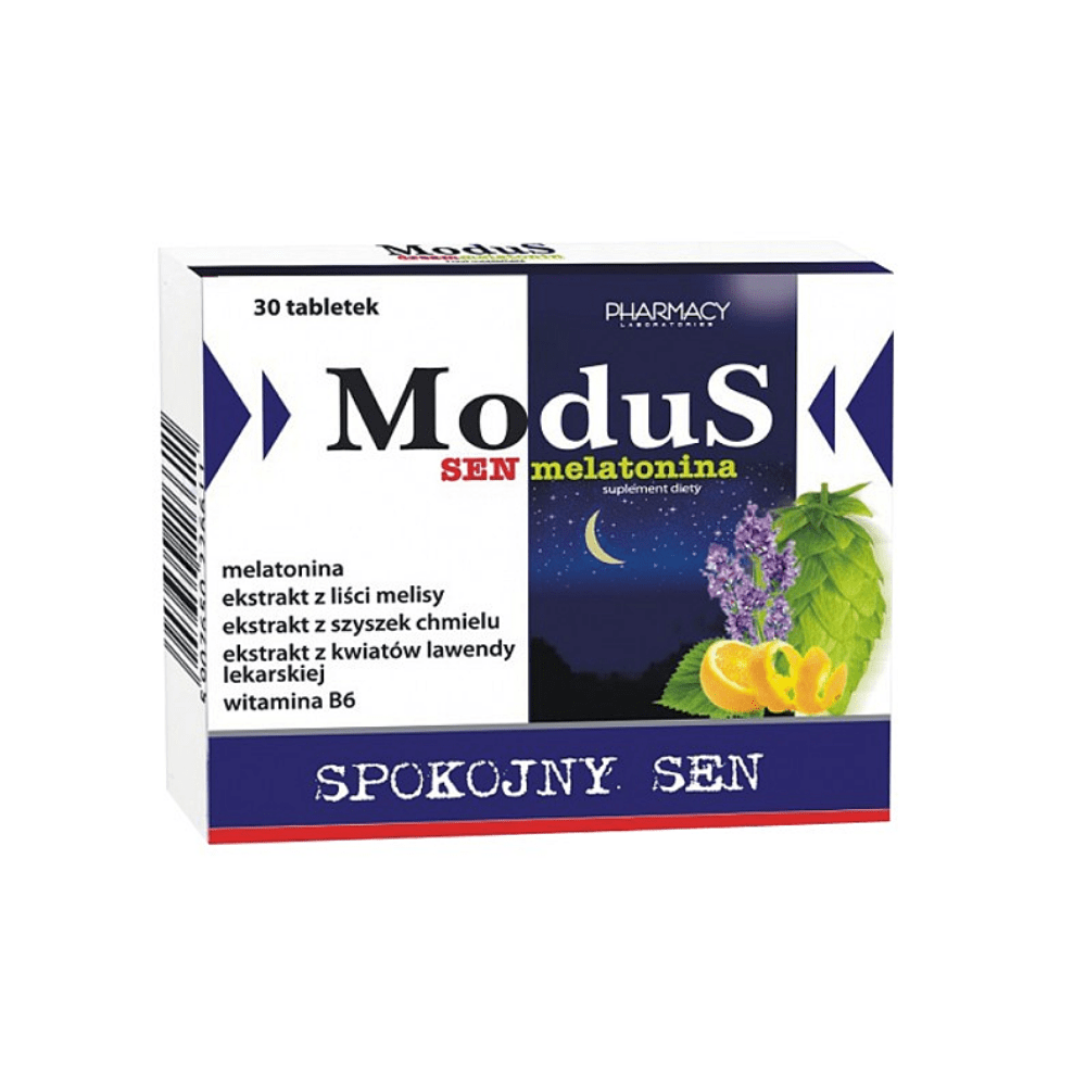 Image of a box of 'Modus Sen Melatonina' dietary supplement tablets, containing 30 tablets. The box has a night sky design with a crescent moon, emphasizing the product's use for improving sleep. Ingredients listed include melatonin, lemon balm leaf extract, hop cone extract, lavender flower extract, and vitamin B6. The packaging features vivid illustrations of lemon balm, lavender, hops, and sliced lemons.