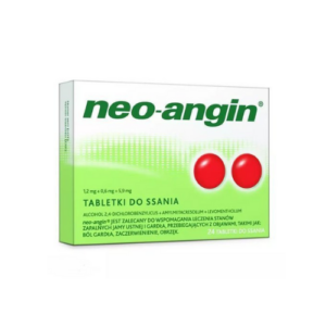 Image of Neo-angin packaging, featuring a green and white design with the brand name 'neo-angin' prominently displayed. The package indicates that it contains 24 lozenges for oral and throat use, with active ingredients including 2,4-dichlorobenzyl alcohol, amylmetacresol, and levomenthol. The product is recommended for the treatment of inflammatory conditions of the mouth and throat, with symptoms such as sore throat, redness, and swelling.